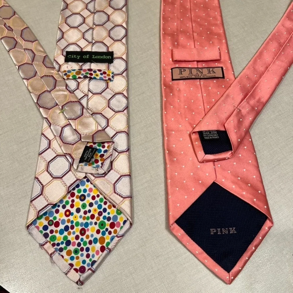 City of London & Thomas Pink Neckties Lot of 2 Silk‎ Geometric Octagon Dots